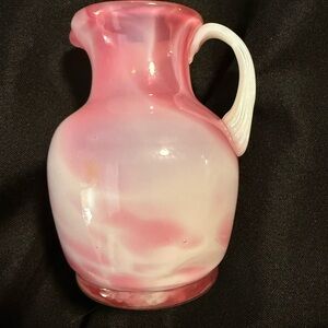 Pilgrim Glass Vintage Handblown Pink and White Swirled Glass Pitcher